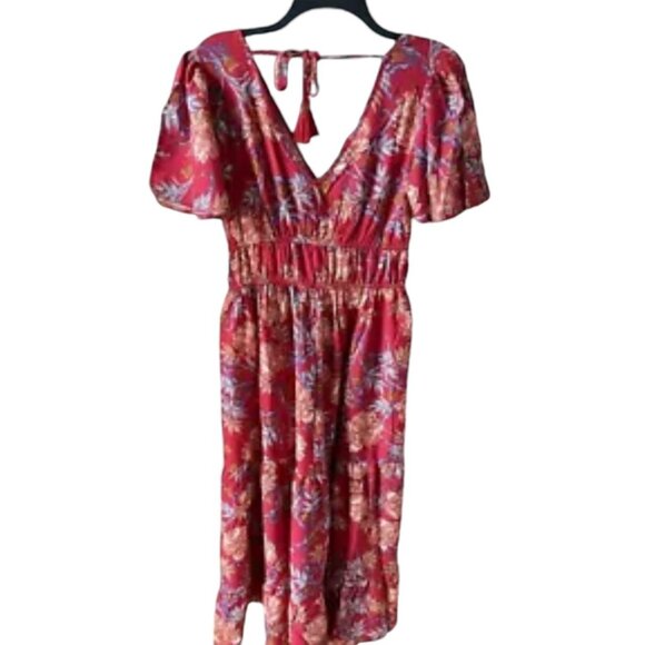 Band of the Free Connie Garnet Blush Boho Tiered Dress Sz Large Womens Red Cinch - Picture 2 of 13